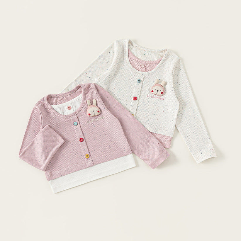 Girls’ Cartoon Bunny Cotton Faux Layered Long Sleeve T-Shirt