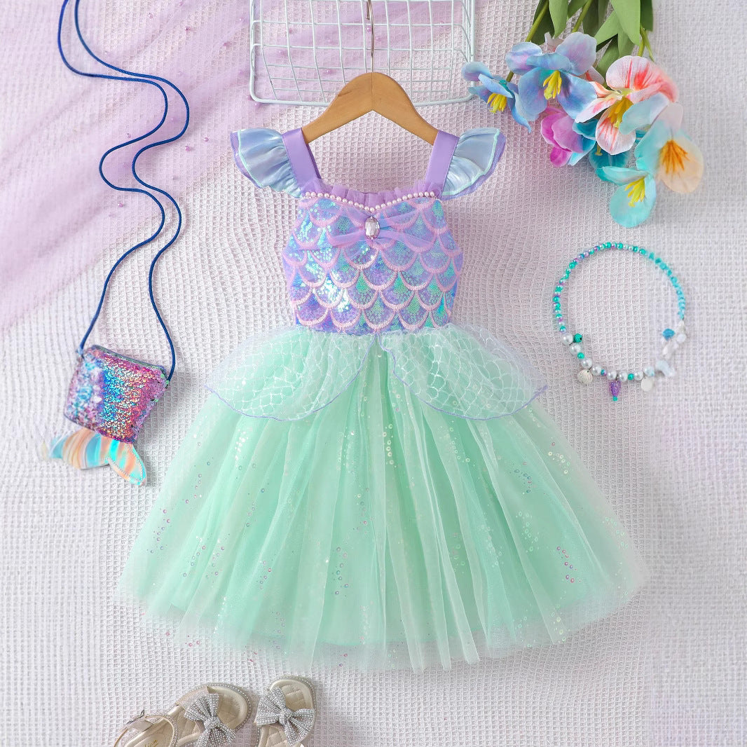 Girls Mermaid Princess Dress – Tulle Birthday Party Costume Dress for Kids