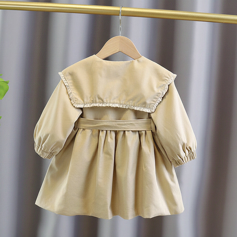 Girls’ French Style Big Collar Tie-Waist Trench Coat