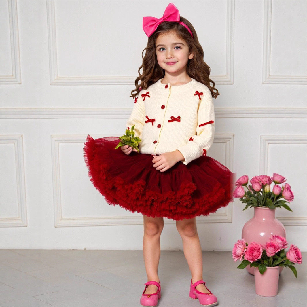 Girls Christmas Bow Knit Cardigan and Skirt Outfit Set