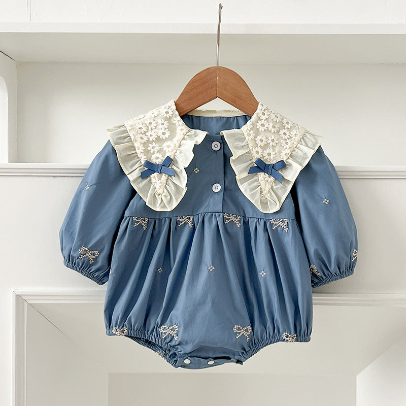 Baby Girl French Style Cotton Lace Bodysuit with Ruffled Collar