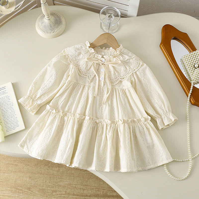 Girls’ 100% Cotton Lace Long Sleeve Dress with Vintage Ruffle Collar