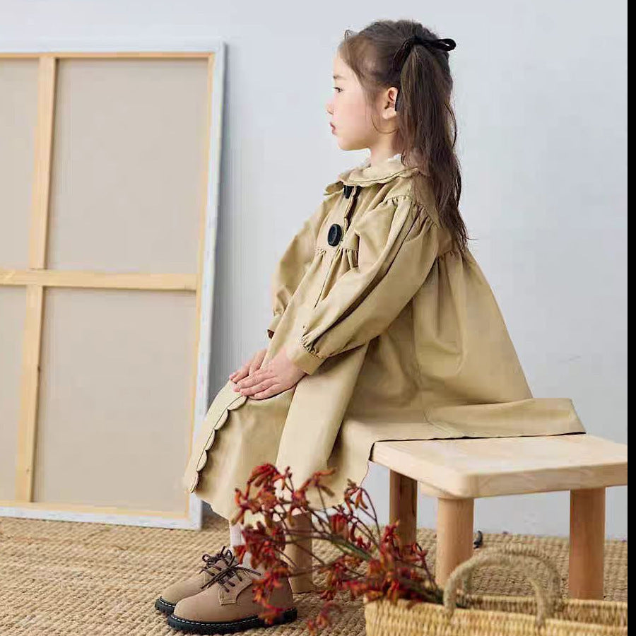 Girls’ French Style Scalloped Collar Mid-Length Trench Coat