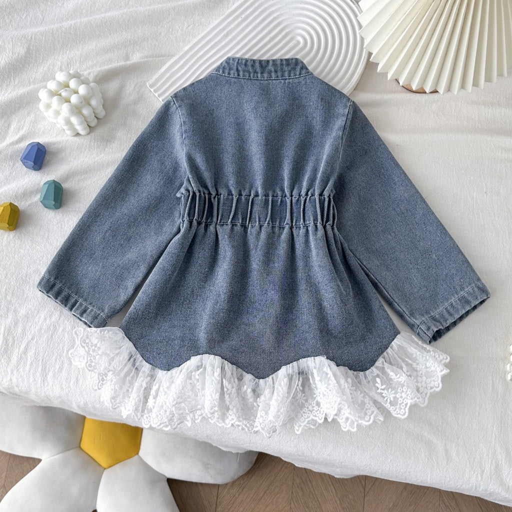 Girls’ Stand Collar Lace Hem Denim Jacket