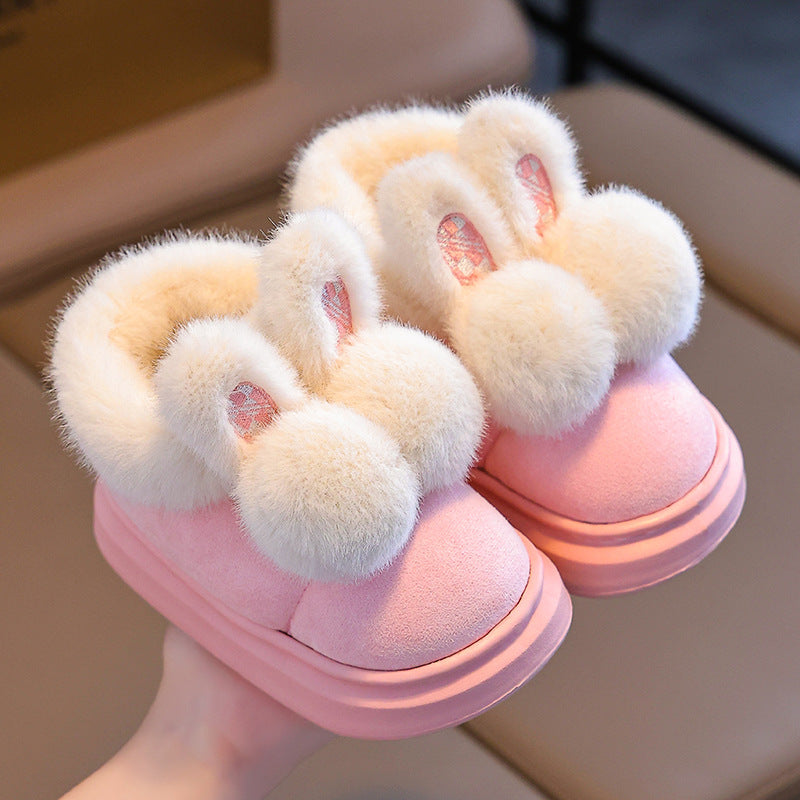 Girls Bunny Rabbit Warm Plush Slippers - Thick Fleece Indoor House Shoes