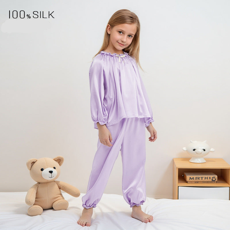 Girls Spring Fall Silk Cool Soft Skin Friendly Pajama Set