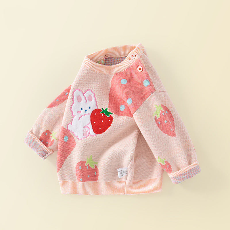 Girls Strawberry Bunny Fleece Lined Warm Sweater