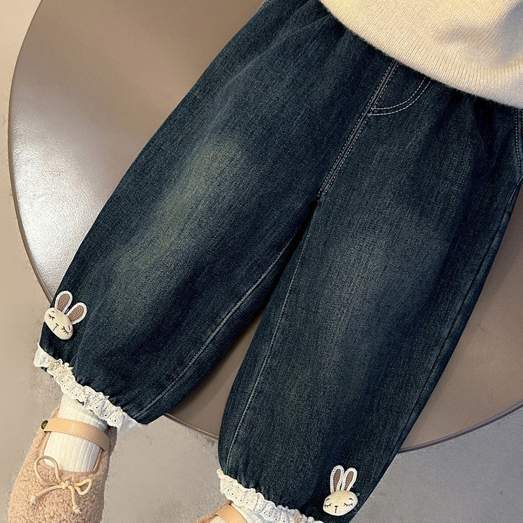 Mädchen Fleecegefütterte warme, niedliche Hasen-Jeans für den Alltag