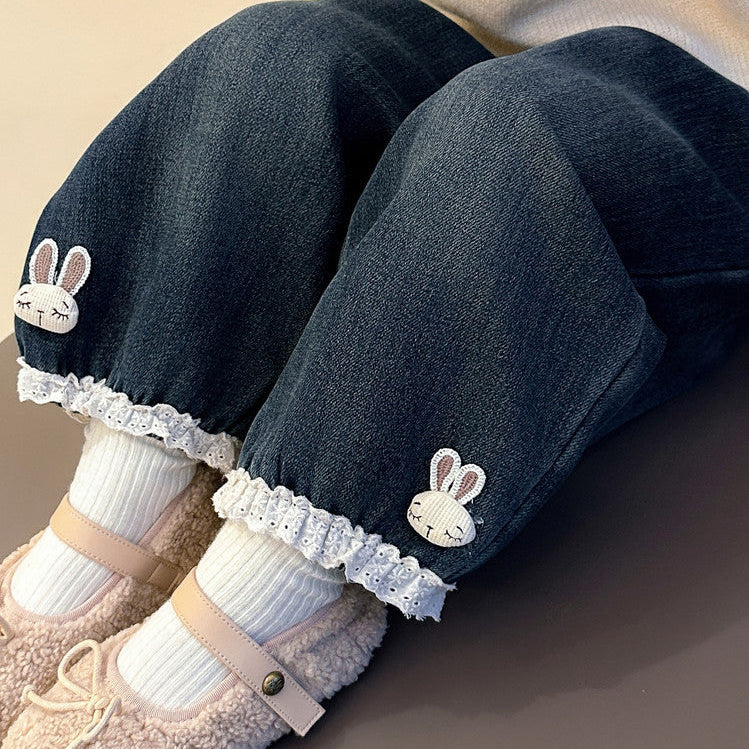 Mädchen Fleecegefütterte warme, niedliche Hasen-Jeans für den Alltag