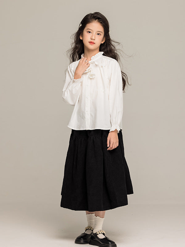 Girls French-Style Ruffle Collar Bow Long Sleeve Shirt & Skirt Set