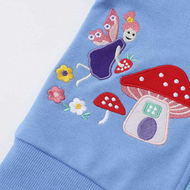 Girls’ Cartoon Embroidered Hooded Cotton Jacket