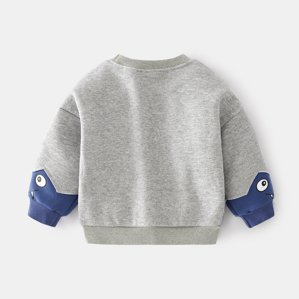 Boys’ Cartoon Monster Print Fleece-Lined Warm Long Sleeve Sweatshirt