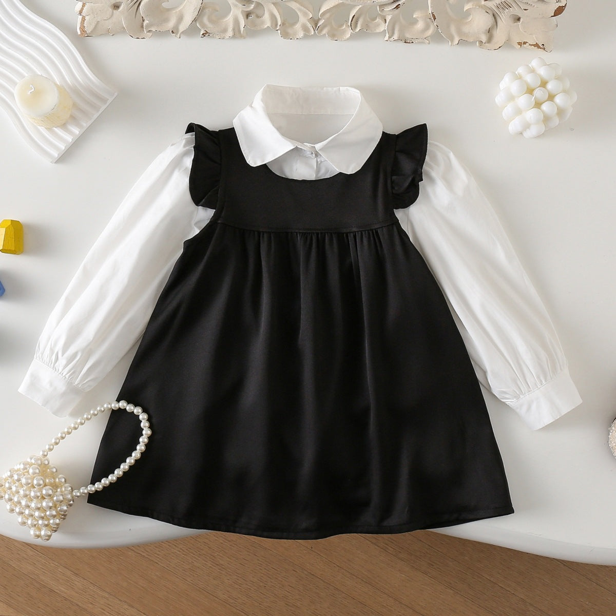 Girls Black & White Contrast Collar Shirt and Pinafore Dress Set