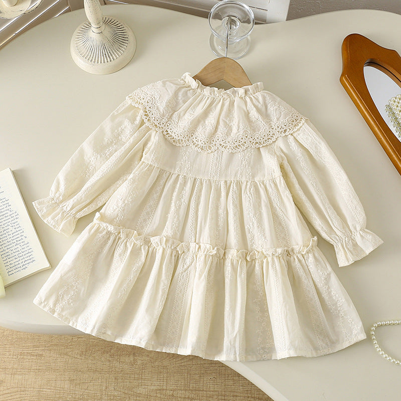 Girls’ 100% Cotton Lace Long Sleeve Dress with Vintage Ruffle Collar