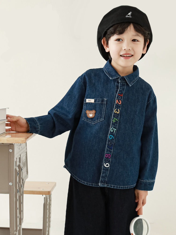 Boys’ Rainbow Number Embroidered Long Sleeve Cotton Shirt