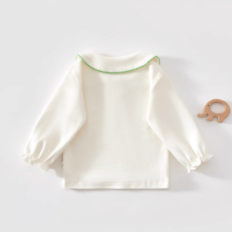 Girls Sweet Floral Embroidered Peter Pan Collar Long Sleeve Top