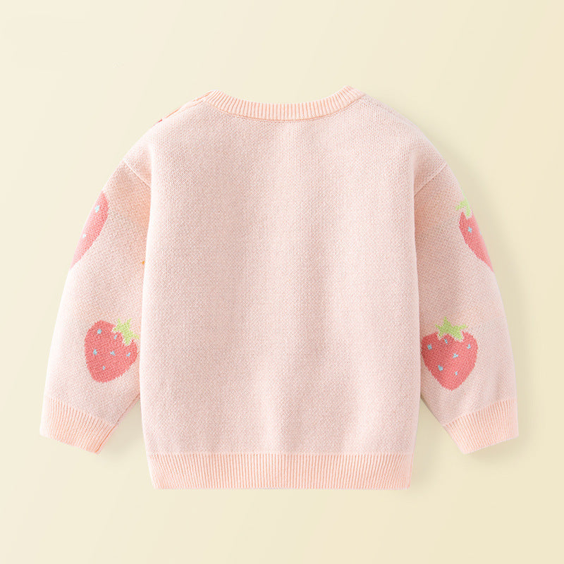 Girls Strawberry Bunny Fleece Lined Warm Sweater