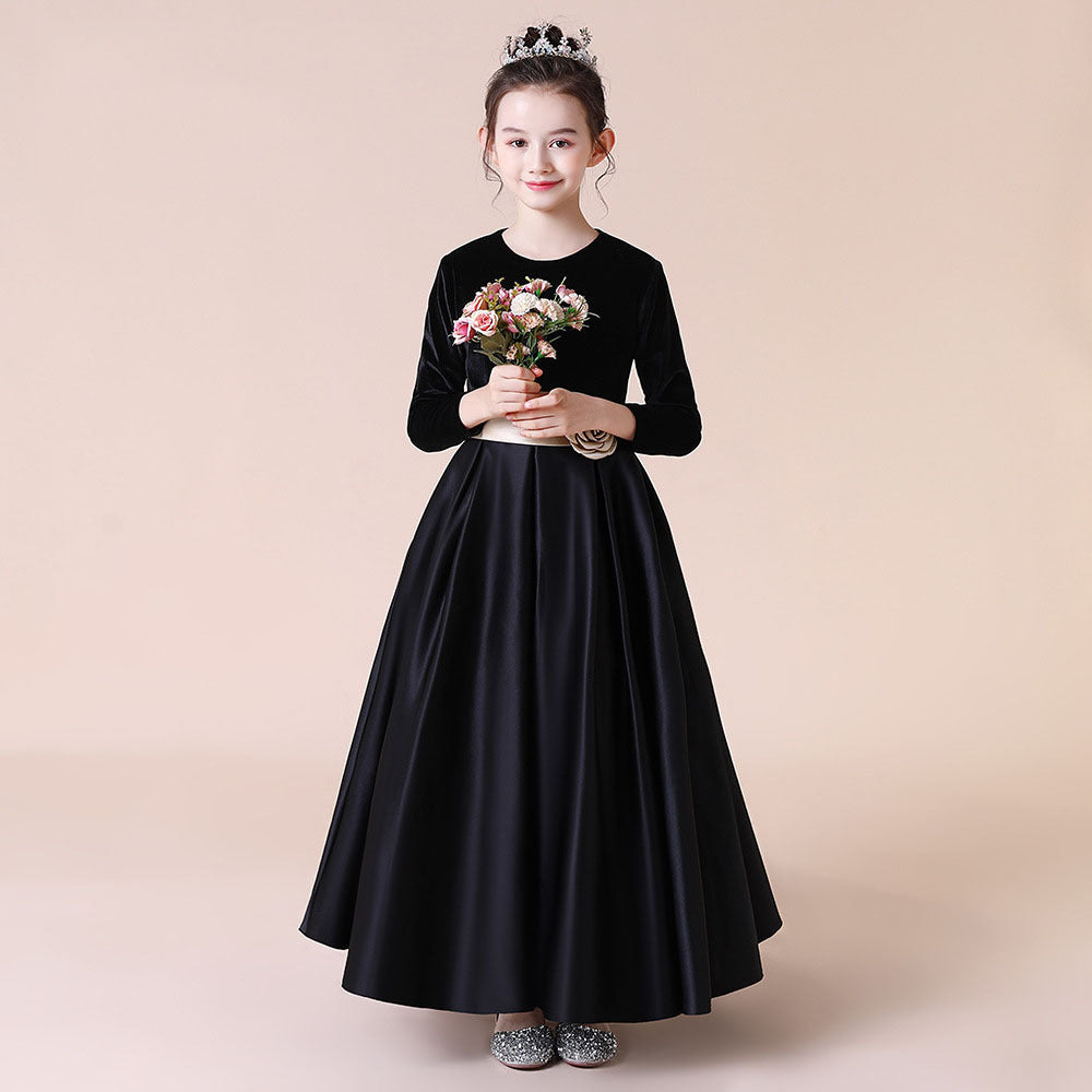 Vestido de noche grueso de terciopelo negro para niñas