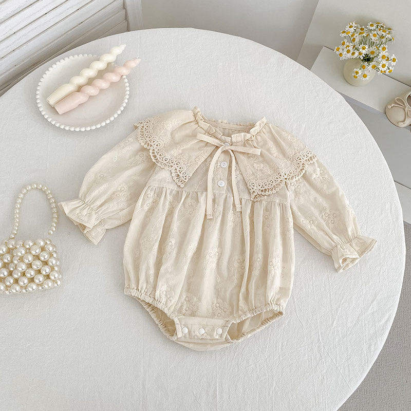 Baby Girl 100% Cotton Lace Long Sleeve Bodysuit with Vintage Ruffle Collar