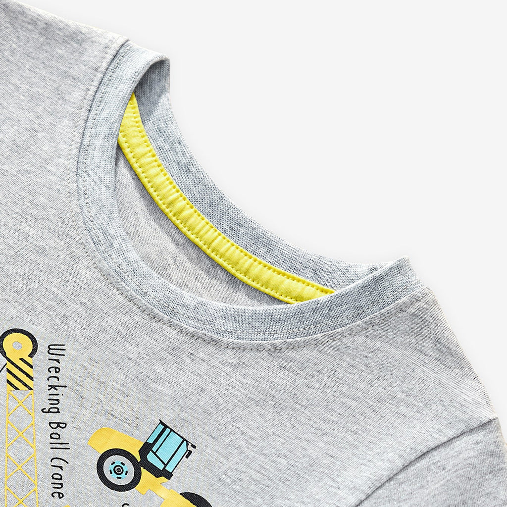 Camiseta de Manga Larga de Algodón con Estampado de Camión de Construcción para Niños