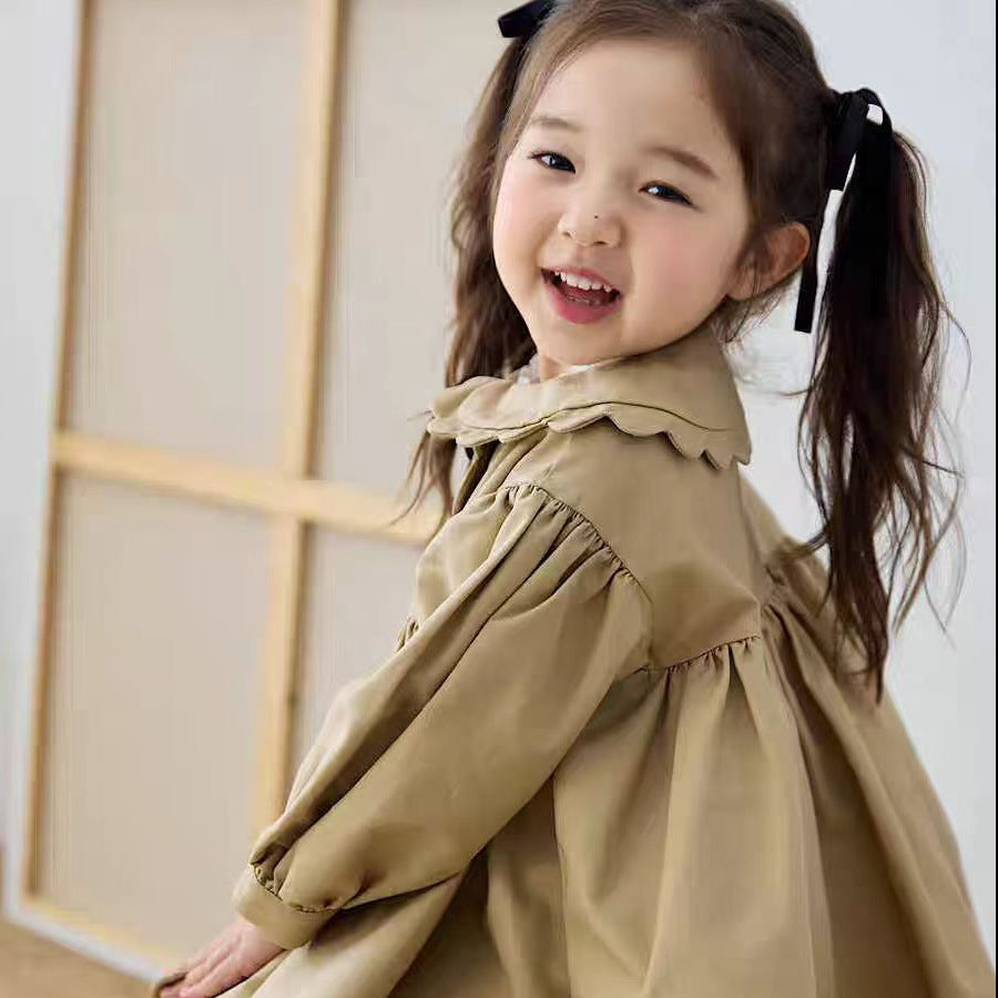 Girls’ French Style Scalloped Collar Mid-Length Trench Coat