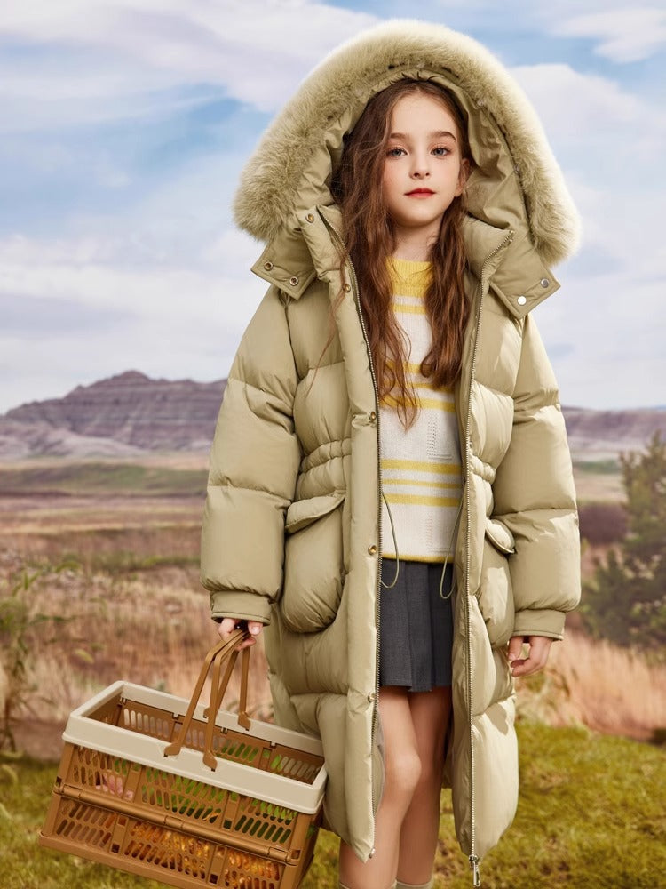 Girls Long Thick Warm Hooded Down Jacket