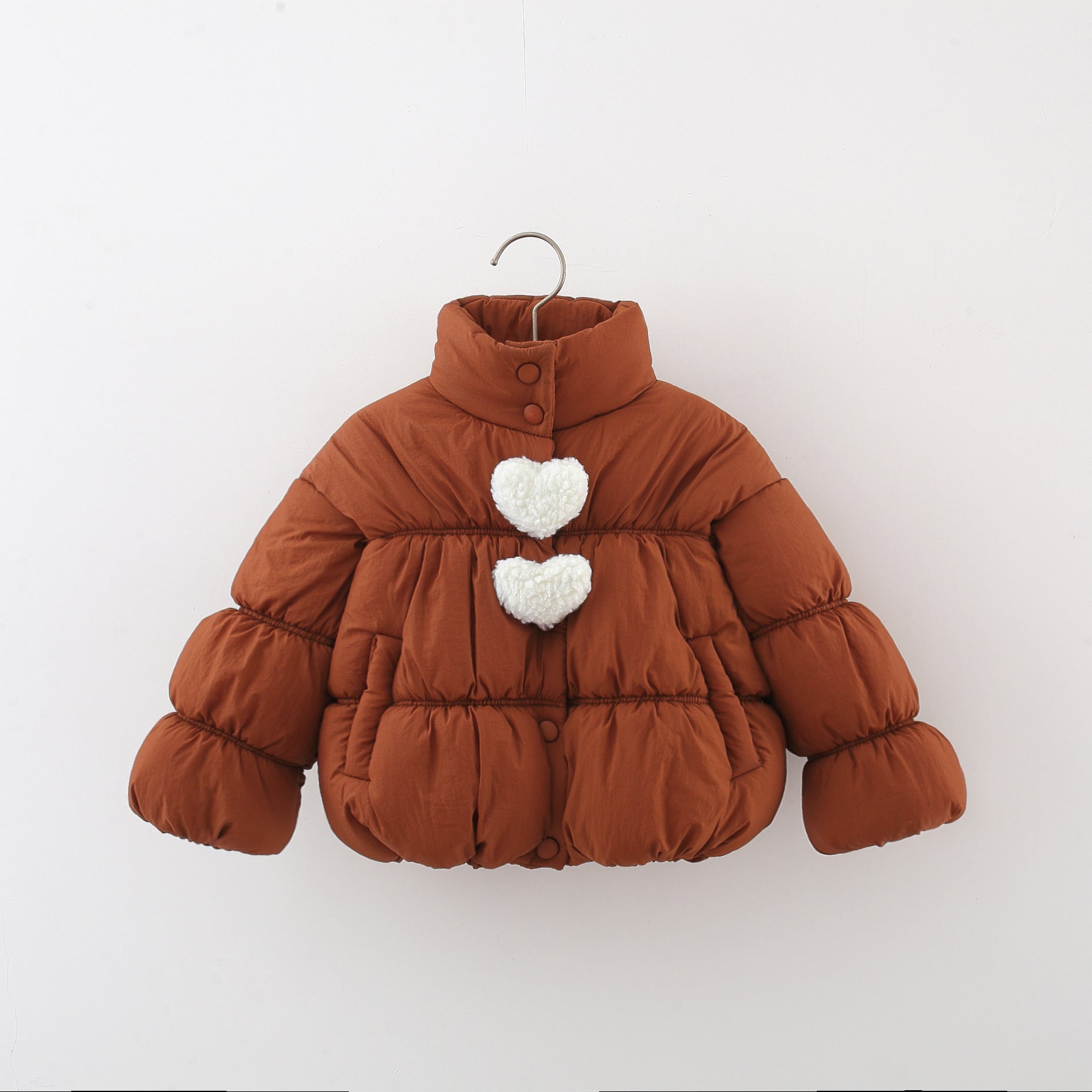 Girls Quilted Cotton Jacket with Heart Pom-Pom Fleece Lined Thick Warm Coat