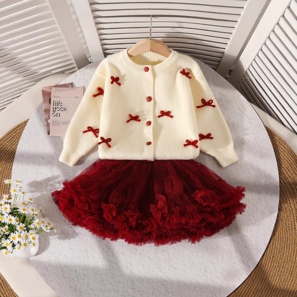 Girls Christmas Bow Knit Cardigan and Skirt Outfit Set