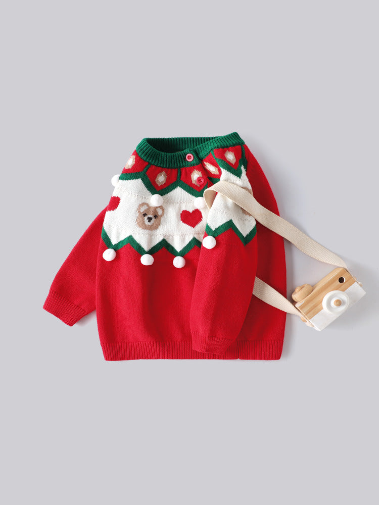 Autumn Winter Kids Sweater Red Pullover Children Christmas Holiday Top