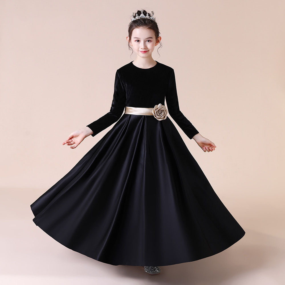 Vestido de noche grueso de terciopelo negro para niñas
