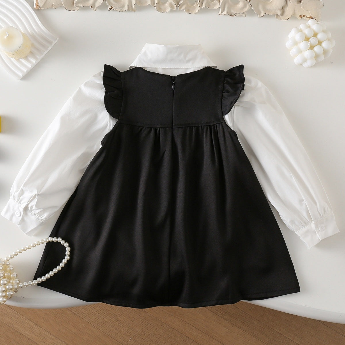 Girls Black & White Contrast Collar Shirt and Pinafore Dress Set