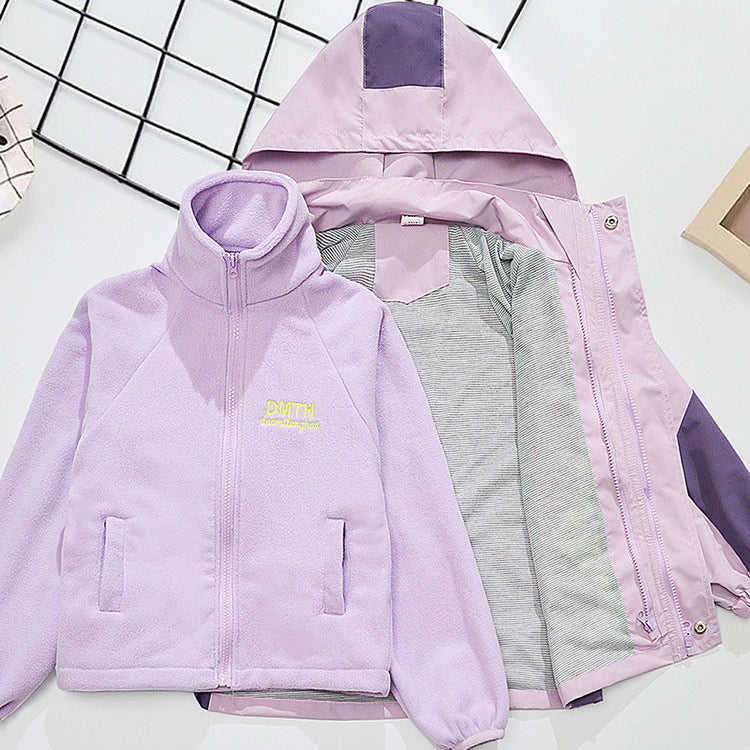 Girls’ Removable Fleece Colorblock Cartoon Hooded Jacket – Family Matching