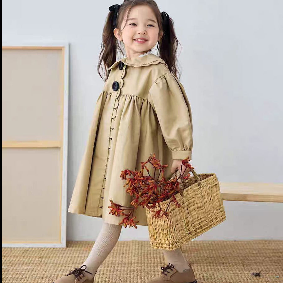 Girls’ French Style Scalloped Collar Mid-Length Trench Coat