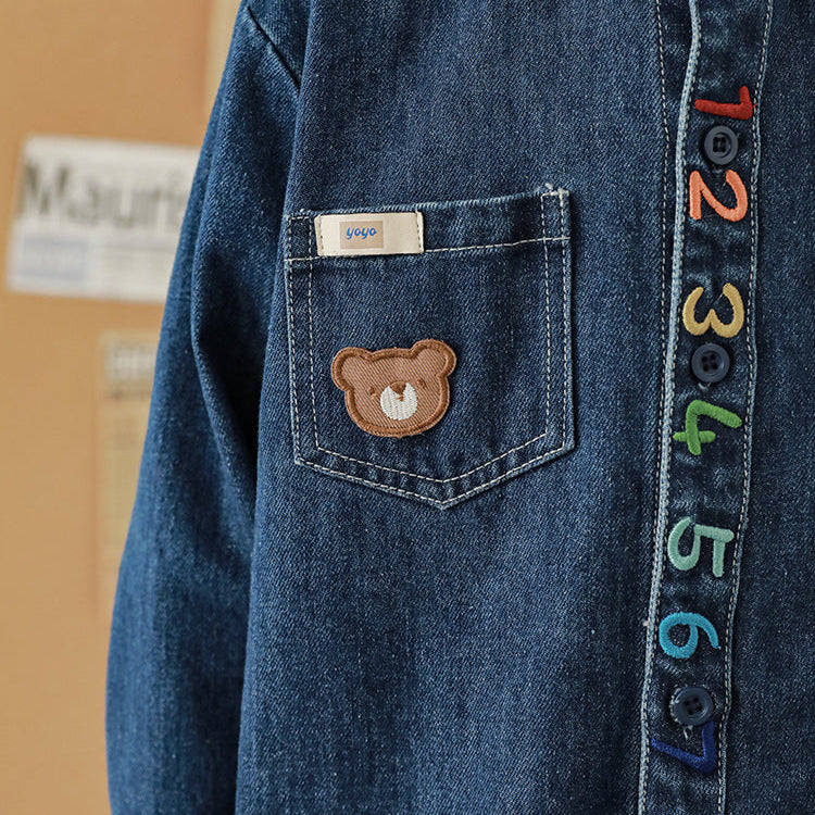 Boys’ Rainbow Number Embroidered Long Sleeve Cotton Shirt