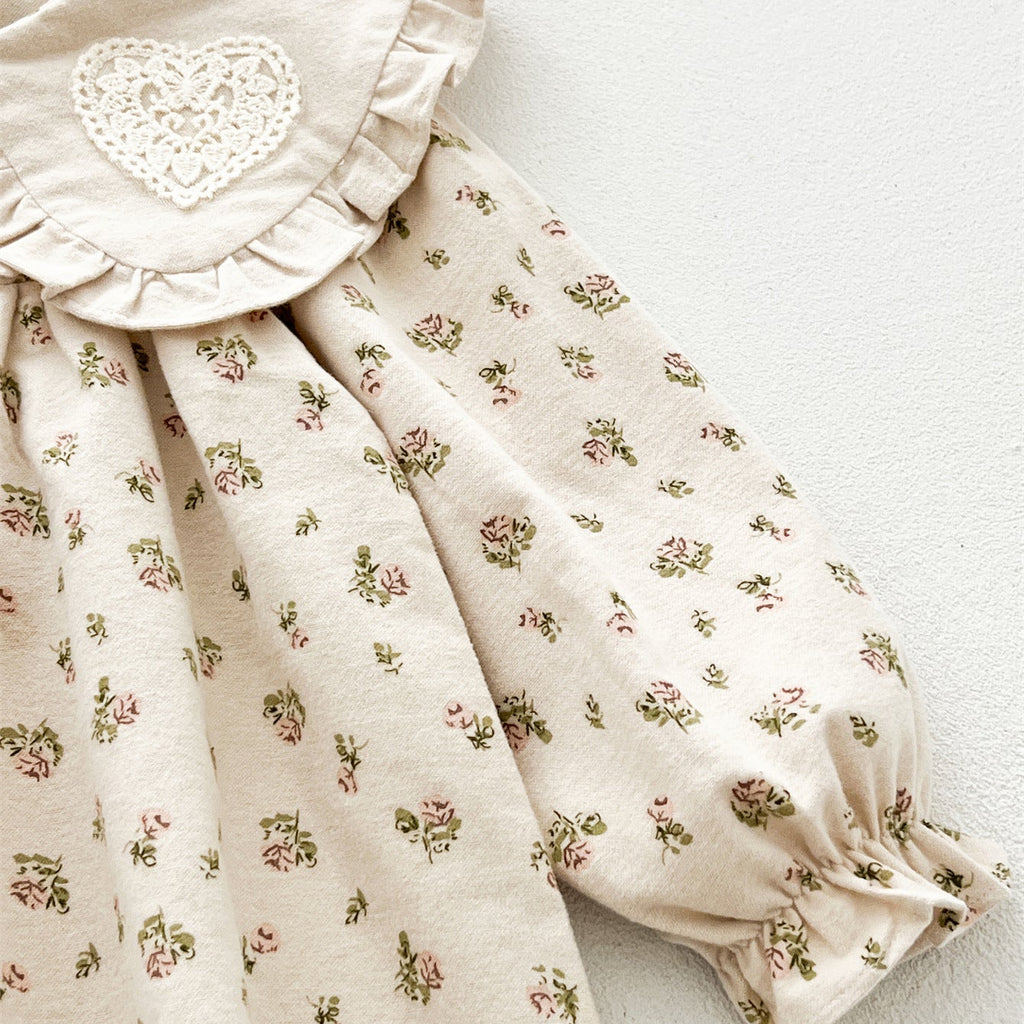 Girls’ 100% Cotton Floral Long Sleeve Dress with Lace Heart Collar