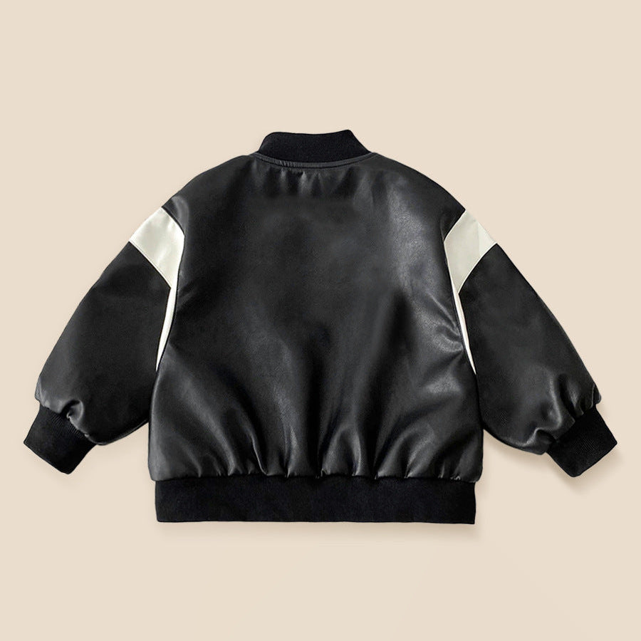 Stylische, warme Fleecejacke für Jungen aus Kunstleder mit Futter