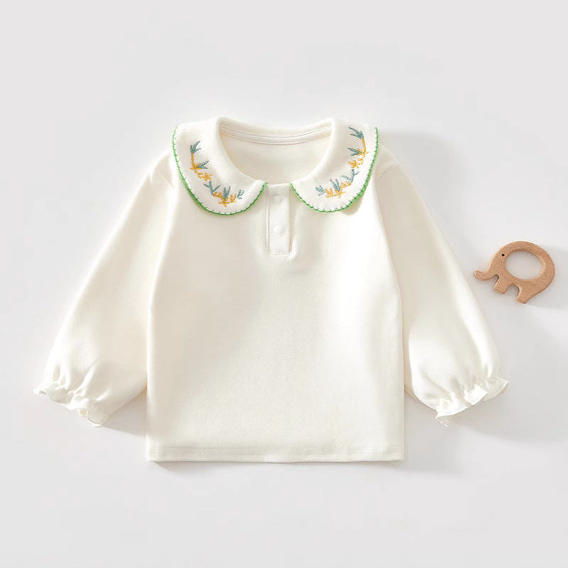 Girls Sweet Floral Embroidered Peter Pan Collar Long Sleeve Top
