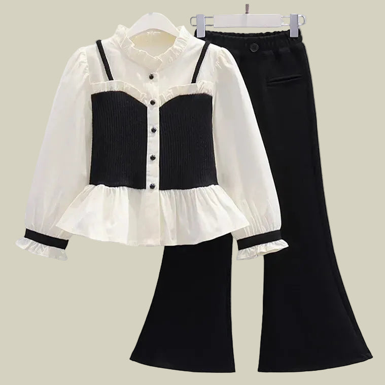 Girls French Vintage Ruffle Collar Patchwork Top & Flared Pants Set