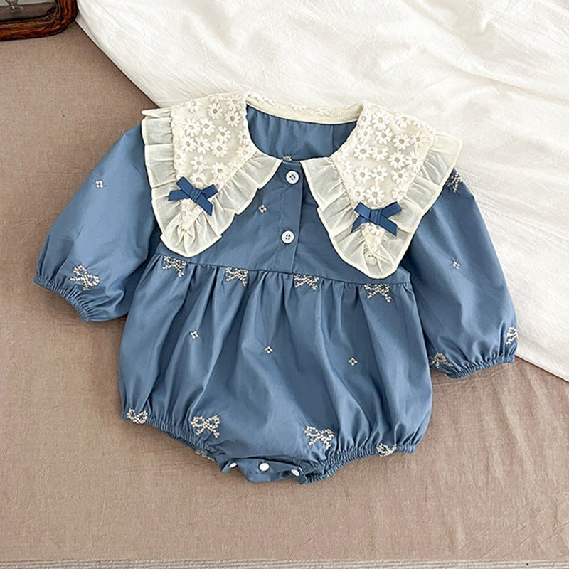 Baby Girl French Style Cotton Lace Bodysuit with Ruffled Collar
