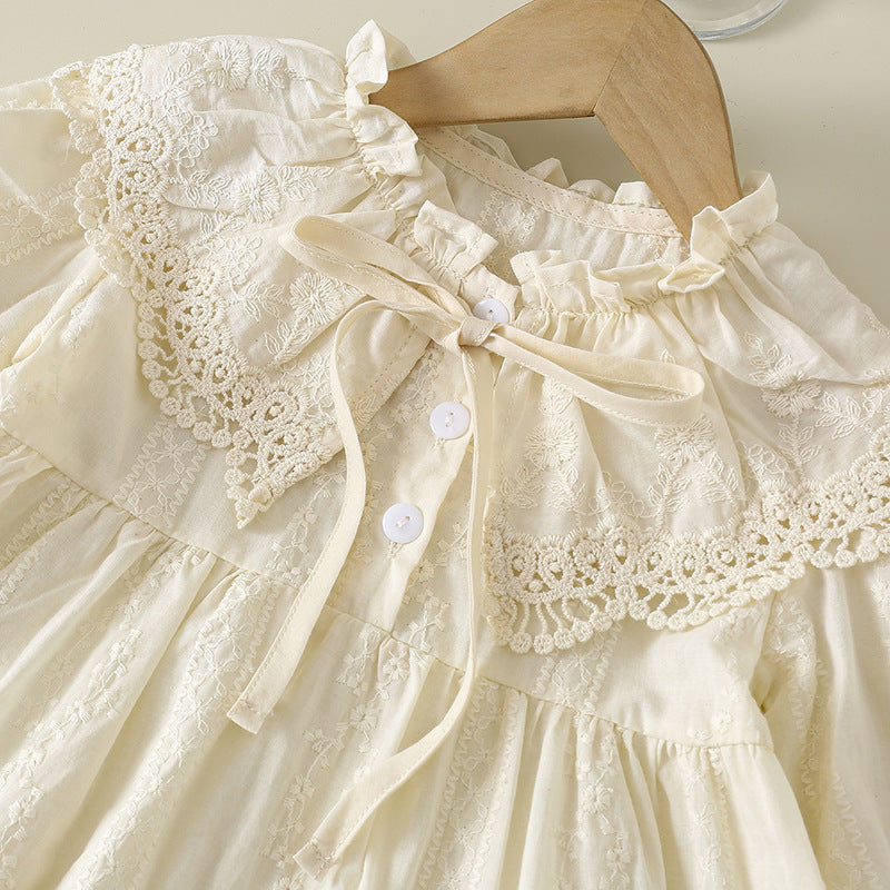 Girls’ 100% Cotton Lace Long Sleeve Dress with Vintage Ruffle Collar