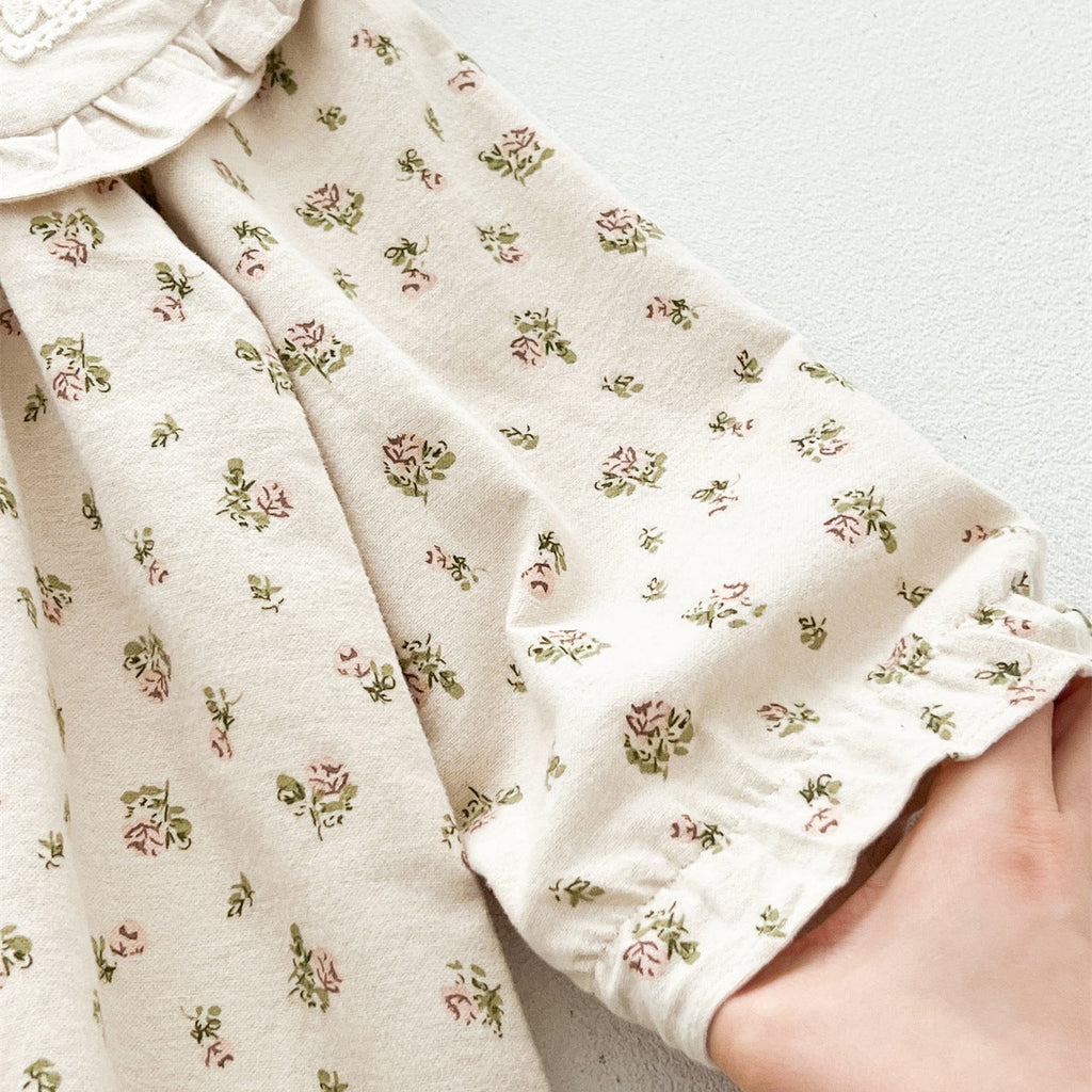 Girls’ 100% Cotton Floral Long Sleeve Dress with Lace Heart Collar