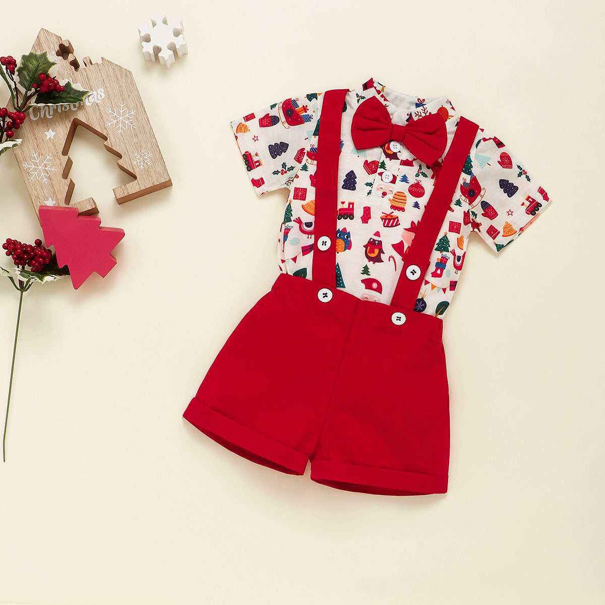 Christmas Boys Bow Tie Button-Up Romper and Suspender Pants Two-Piece Set