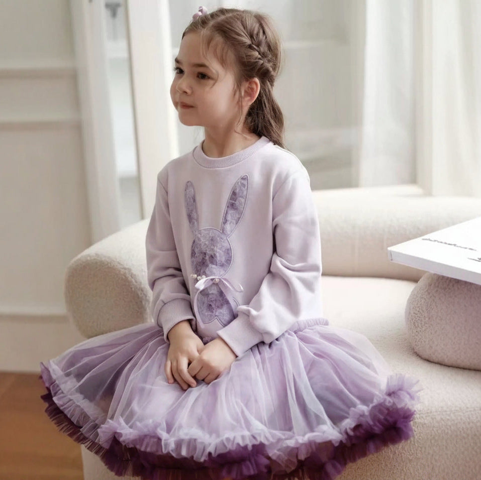 Vestido de tul con diseño de conejito de dibujos animados de otoño para niñas