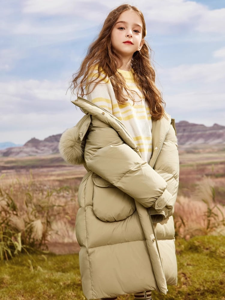 Girls Long Thick Warm Hooded Down Jacket