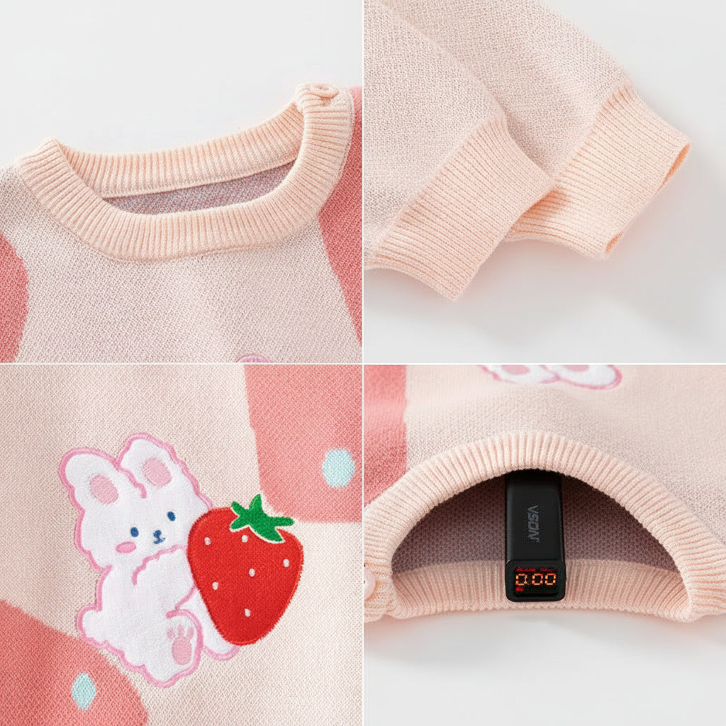 Girls Strawberry Bunny Fleece Lined Warm Sweater