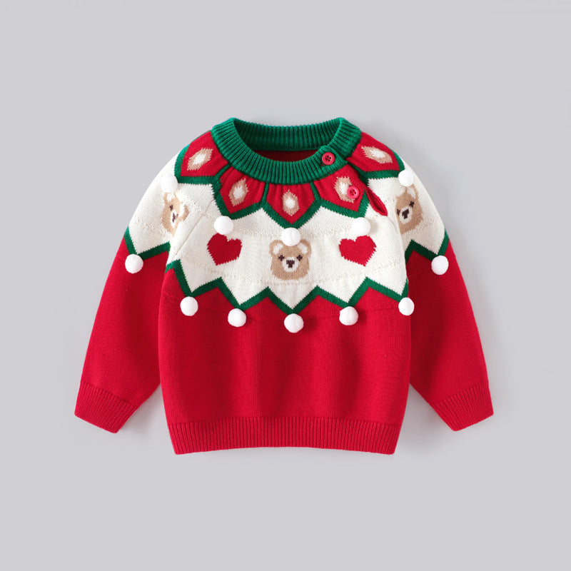 Autumn Winter Kids Sweater Red Pullover Children Christmas Holiday Top