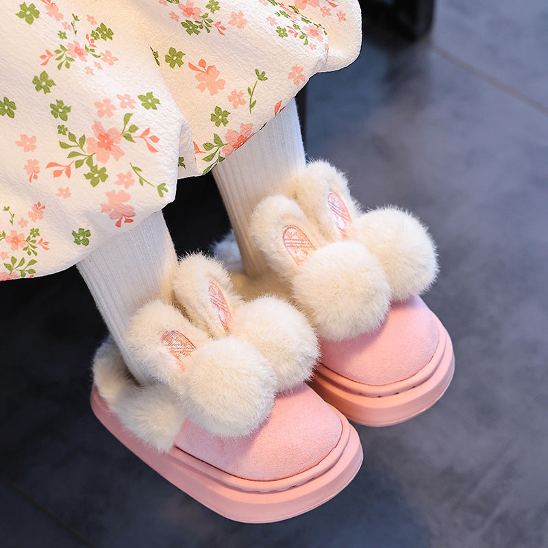 Girls Bunny Rabbit Warm Plush Slippers - Thick Fleece Indoor House Shoes
