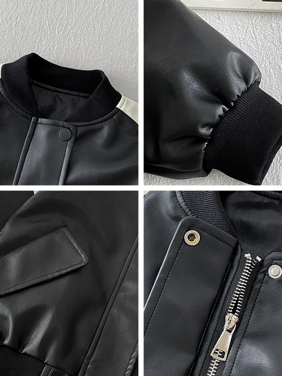 Stylische, warme Fleecejacke für Jungen aus Kunstleder mit Futter