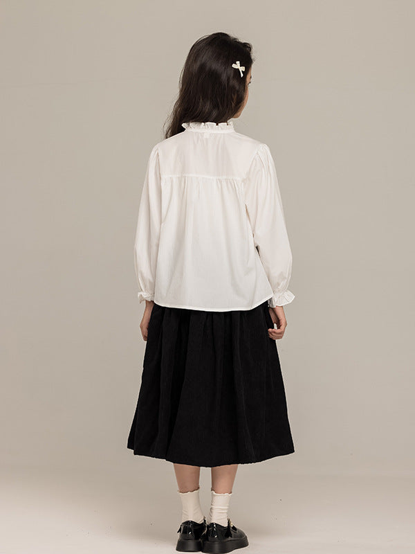 Girls French-Style Ruffle Collar Bow Long Sleeve Shirt & Skirt Set