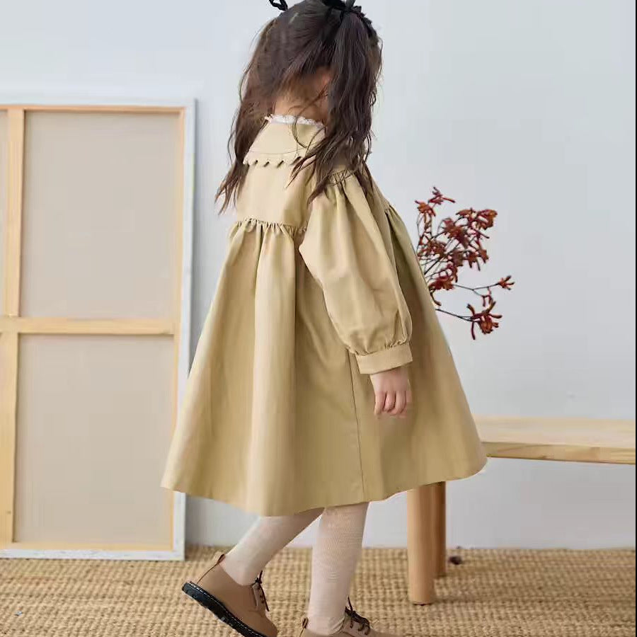 Girls’ French Style Scalloped Collar Mid-Length Trench Coat